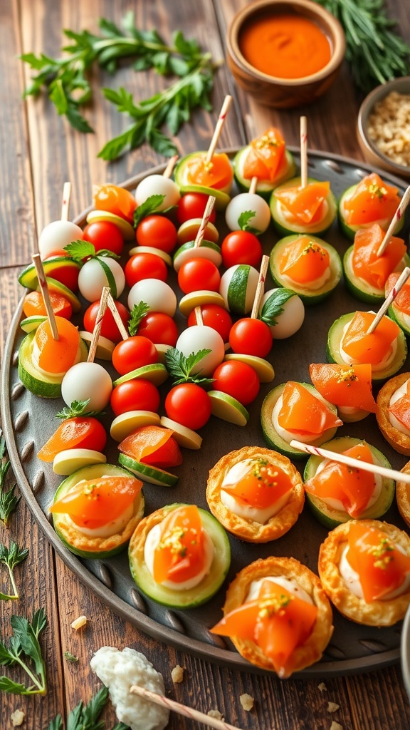 A variety of finger food appetizers including Caprese skewers, cucumber bites, and puff pastry on a rustic wooden table.